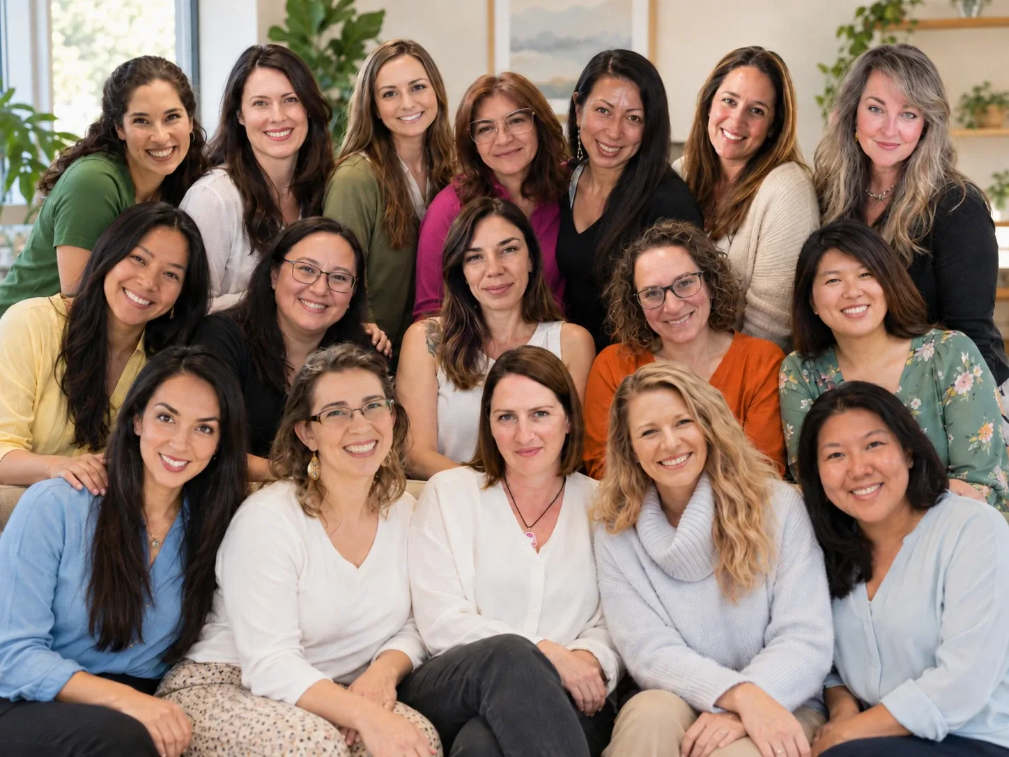 A large group of smiling women gathered close together in a bright room with plants