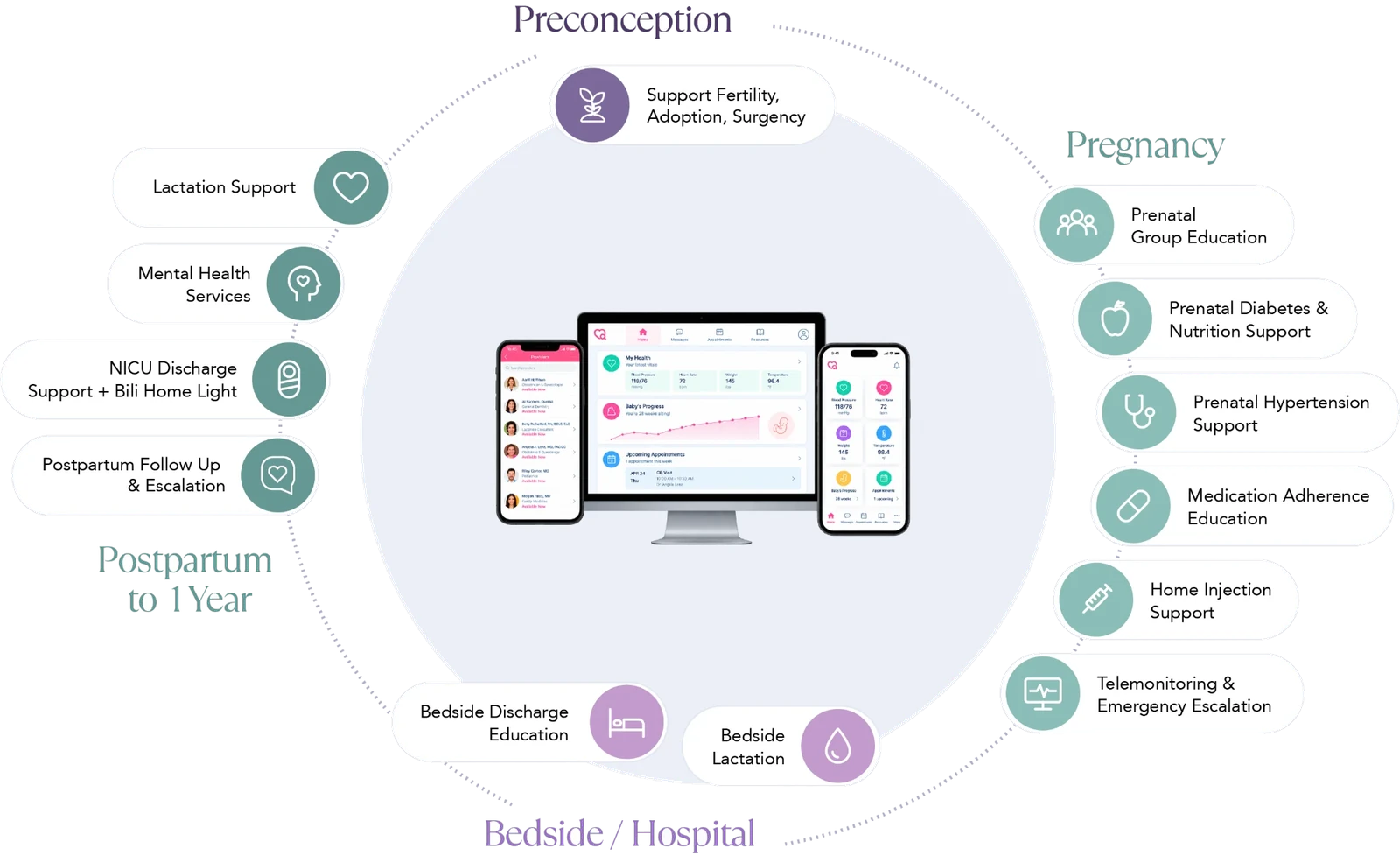 Circle of care around the BabyLiveAdvice app: preconception, pregnancy, bedside and hospital, and postpartum to one year