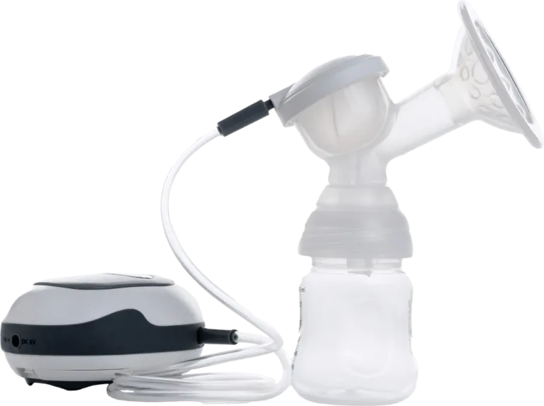 Electric breast pump with its motor unit, tubing and bottle