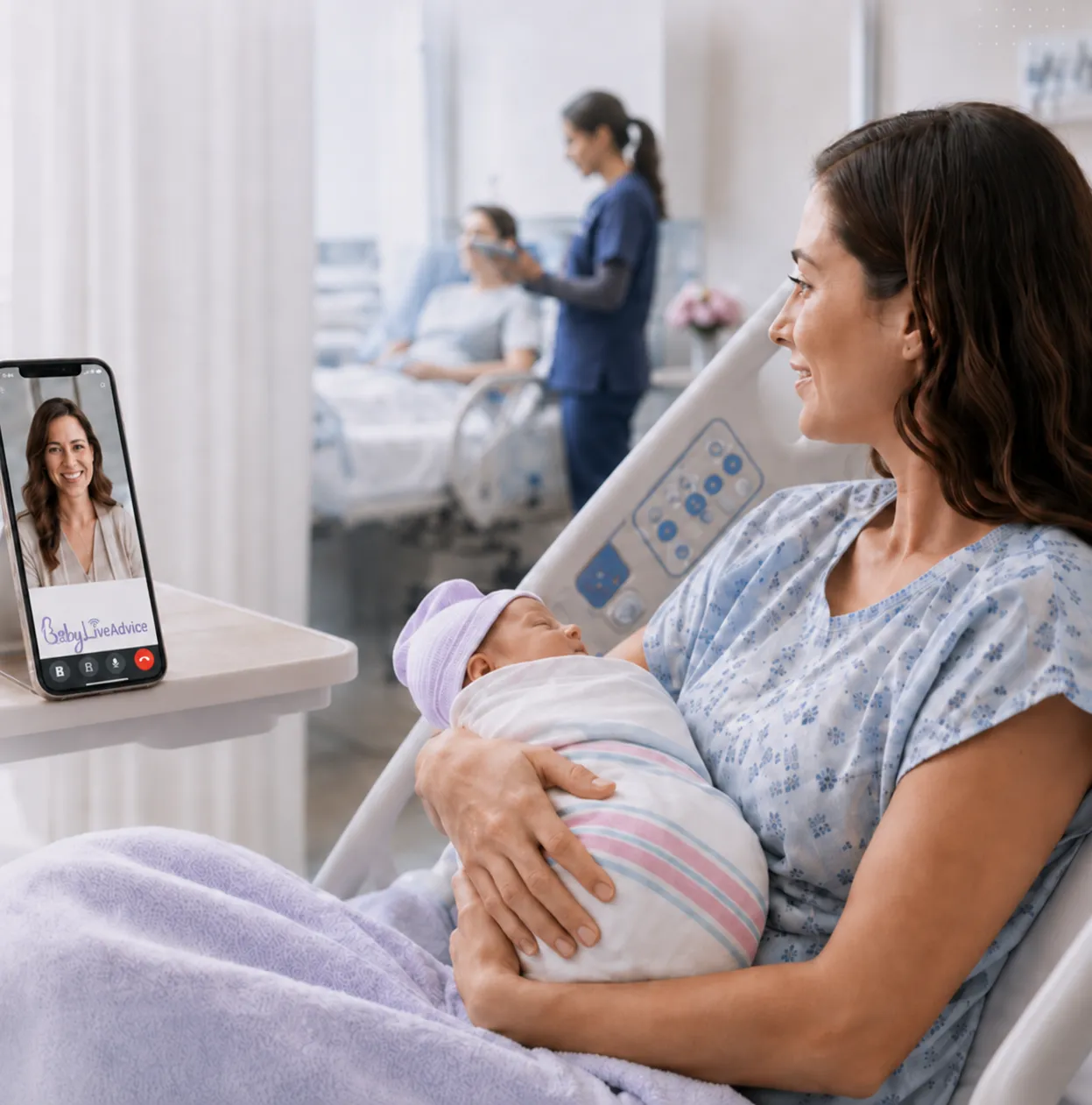 New mother in a hospital bed holding her newborn while a provider talks with her on a video call