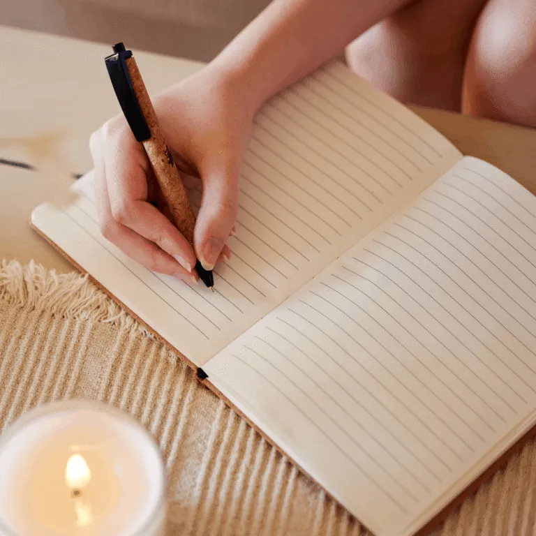 Hand writing in an open journal beside a lit candle