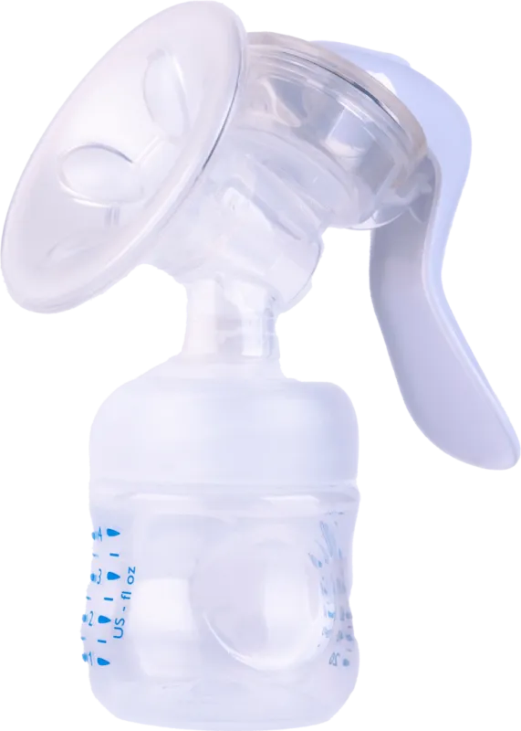 Manual breast pump with a hand lever and a bottle