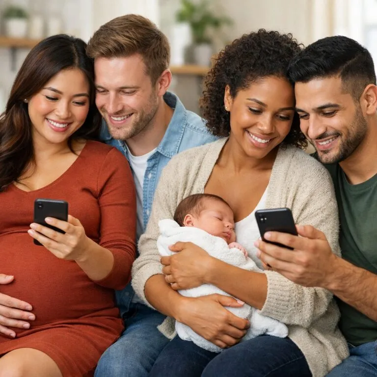 Two smiling couples on a sofa looking at their phones, one mother holding a sleeping newborn