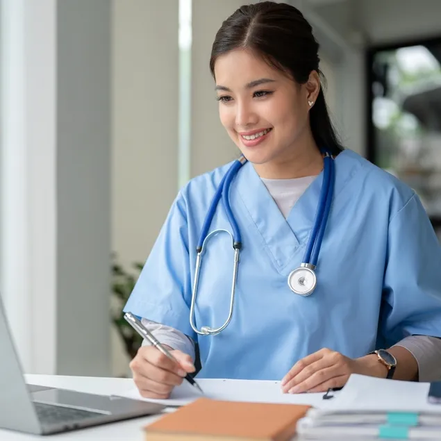 Smiling nurse in blue scrubs with a stethoscope writing notes at a desk