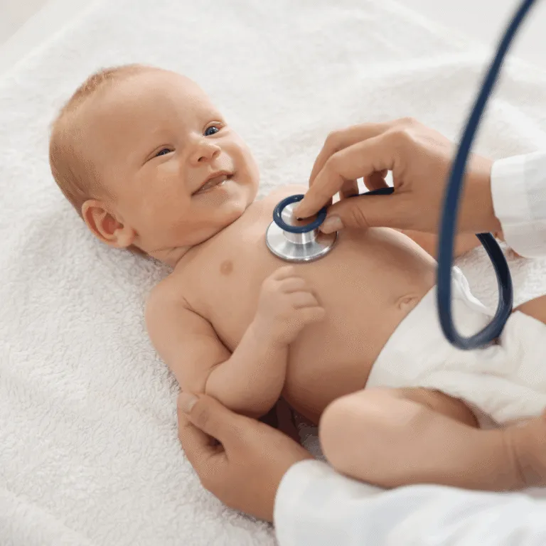 Smiling baby being checked with a stethoscope by a pediatrician